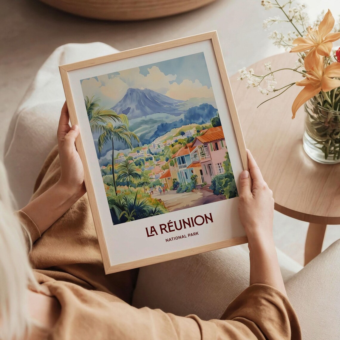 La Reunion National Park Volcano Village Watercolor Island Poster - Image 5