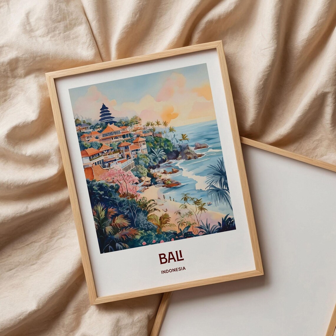 Bali Indonesia Watercolor Temple Beach Cove Tropical Coastline Art Poster - Image 3