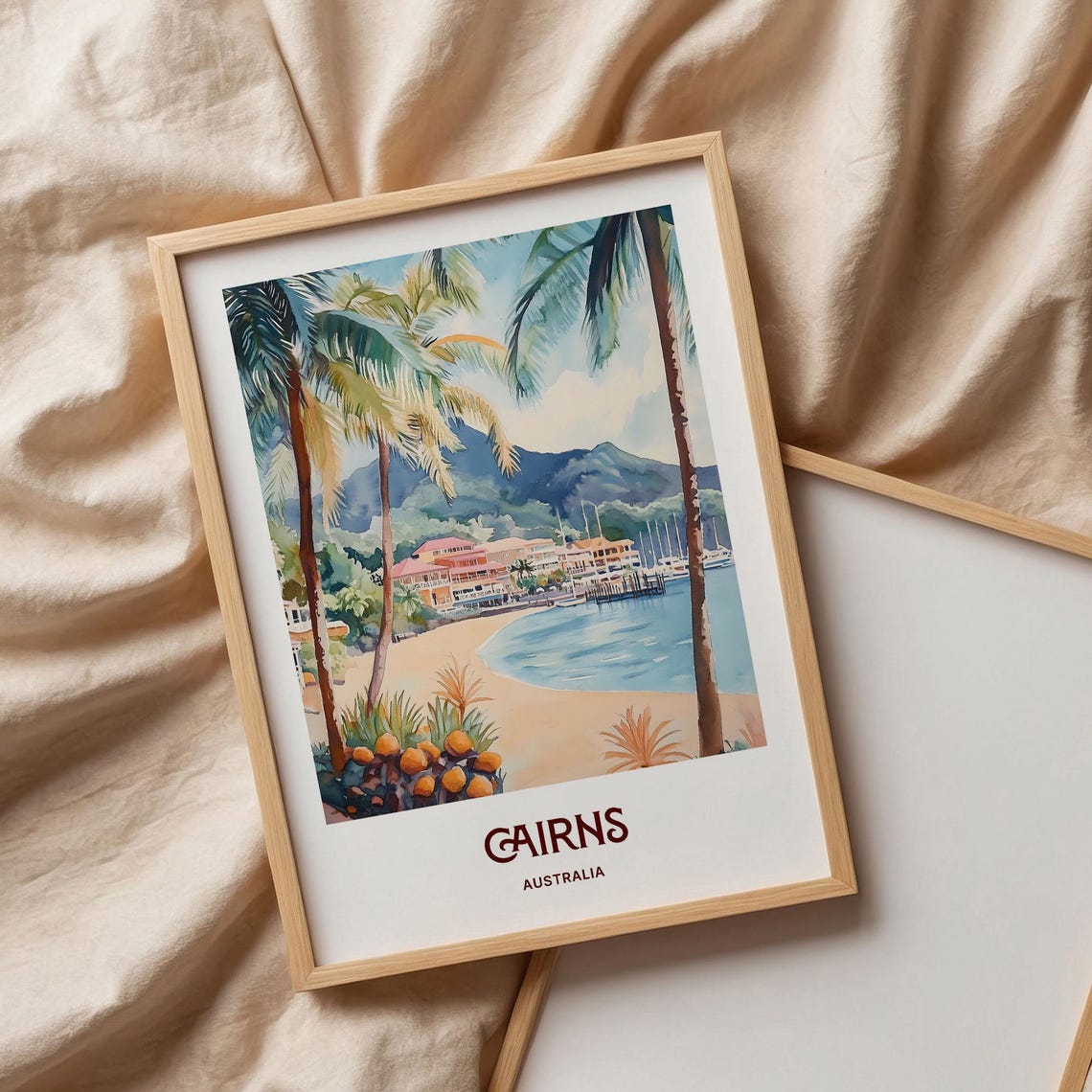 Cairns Australia Tropical Beach Marina Watercolor Travel Poster