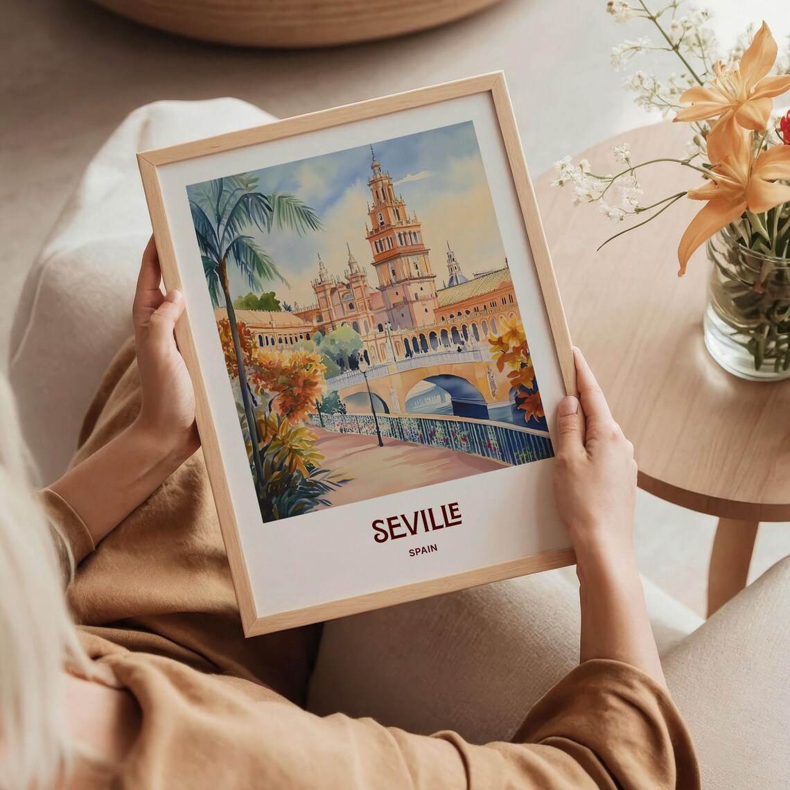 Seville Spain Plaza de Espana Tower Bridge Watercolor Travel Poster - Image 5