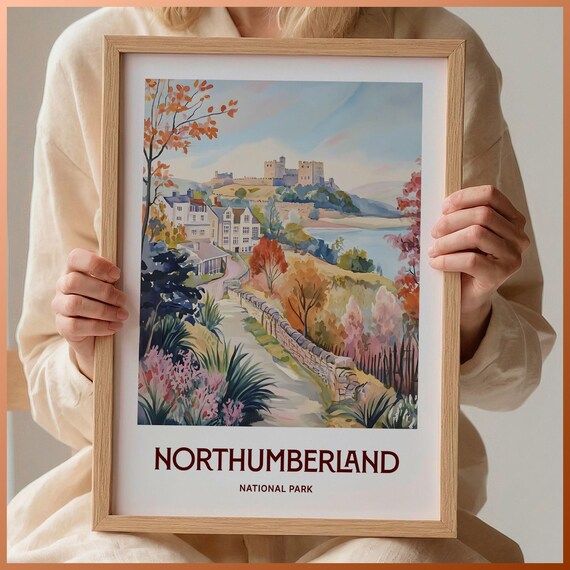 Northumberland National Park Castle Village Autumn Watercolor Travel Poster