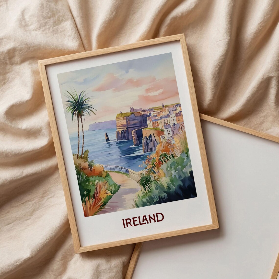 Ireland Sea Cliffs Coastal Town Watercolor Travel Poster Atlantic - Image 3