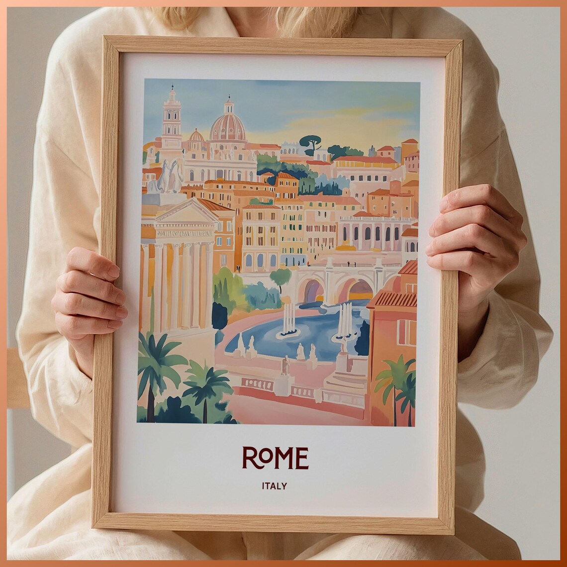 Rome Italy St Peter's Basilica Fountain Watercolor Travel Poster