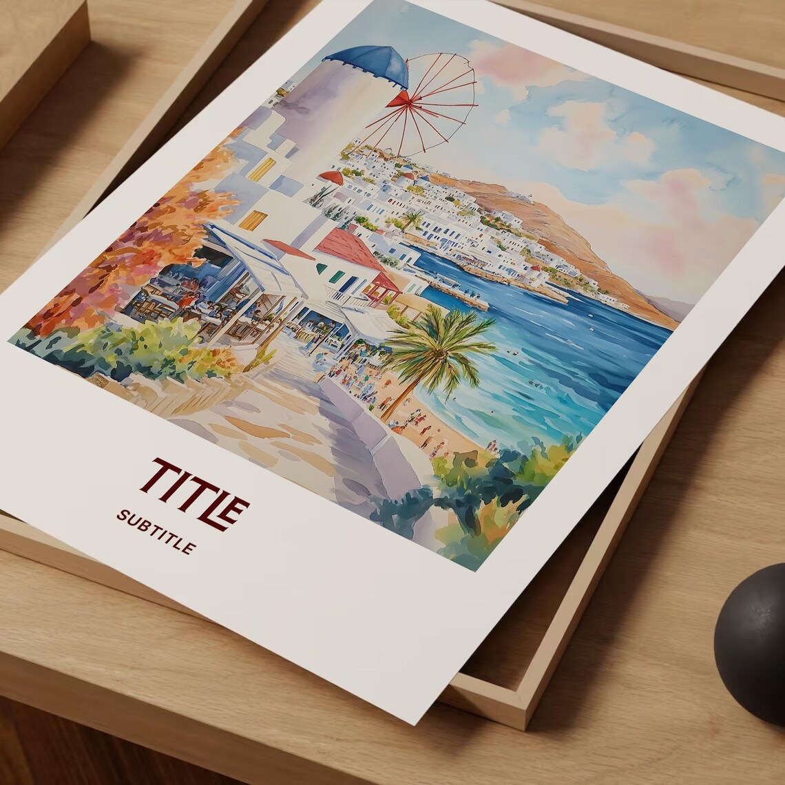 Mykonos Windmill Watercolor Greek Island Harbor Scene Poster - Image 2