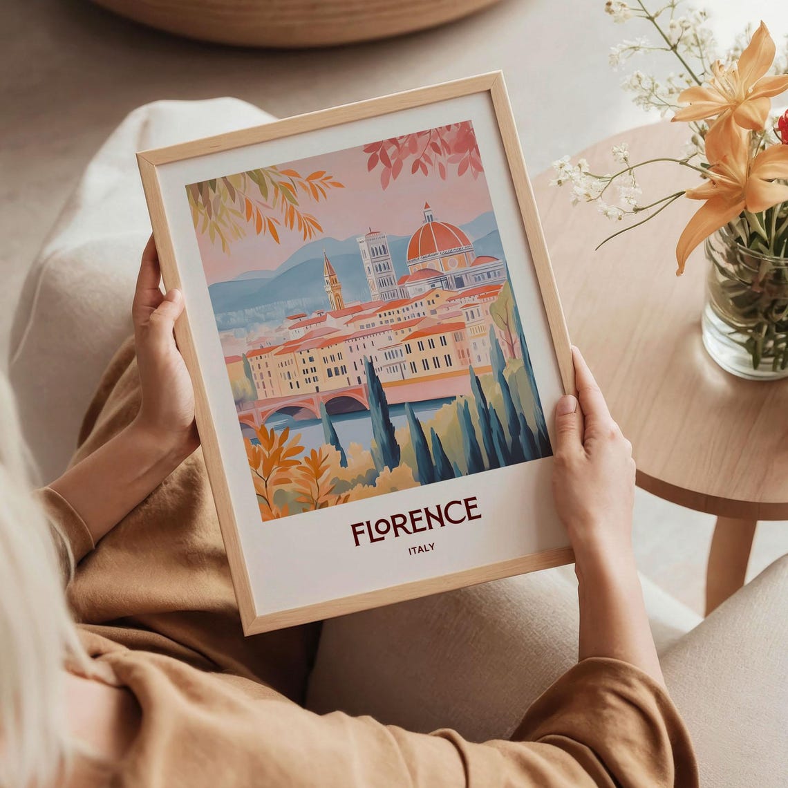 Florence Italy Pastel Duomo Cathedral Arno Bridge Scene Poster - Image 5