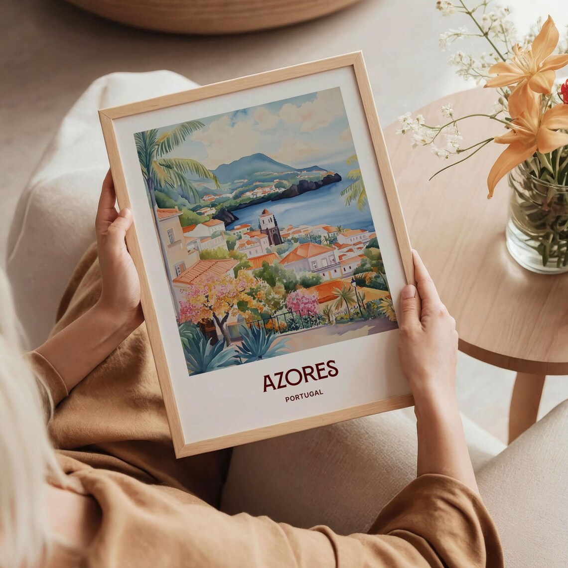 Azores Island Coastal Town Portugal Watercolor Travel Poster - Image 5