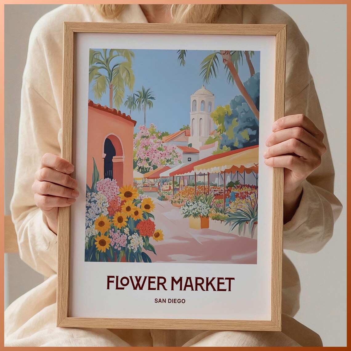 San Diego Flower Market Sunflower Stalls Watercolor Travel Poster