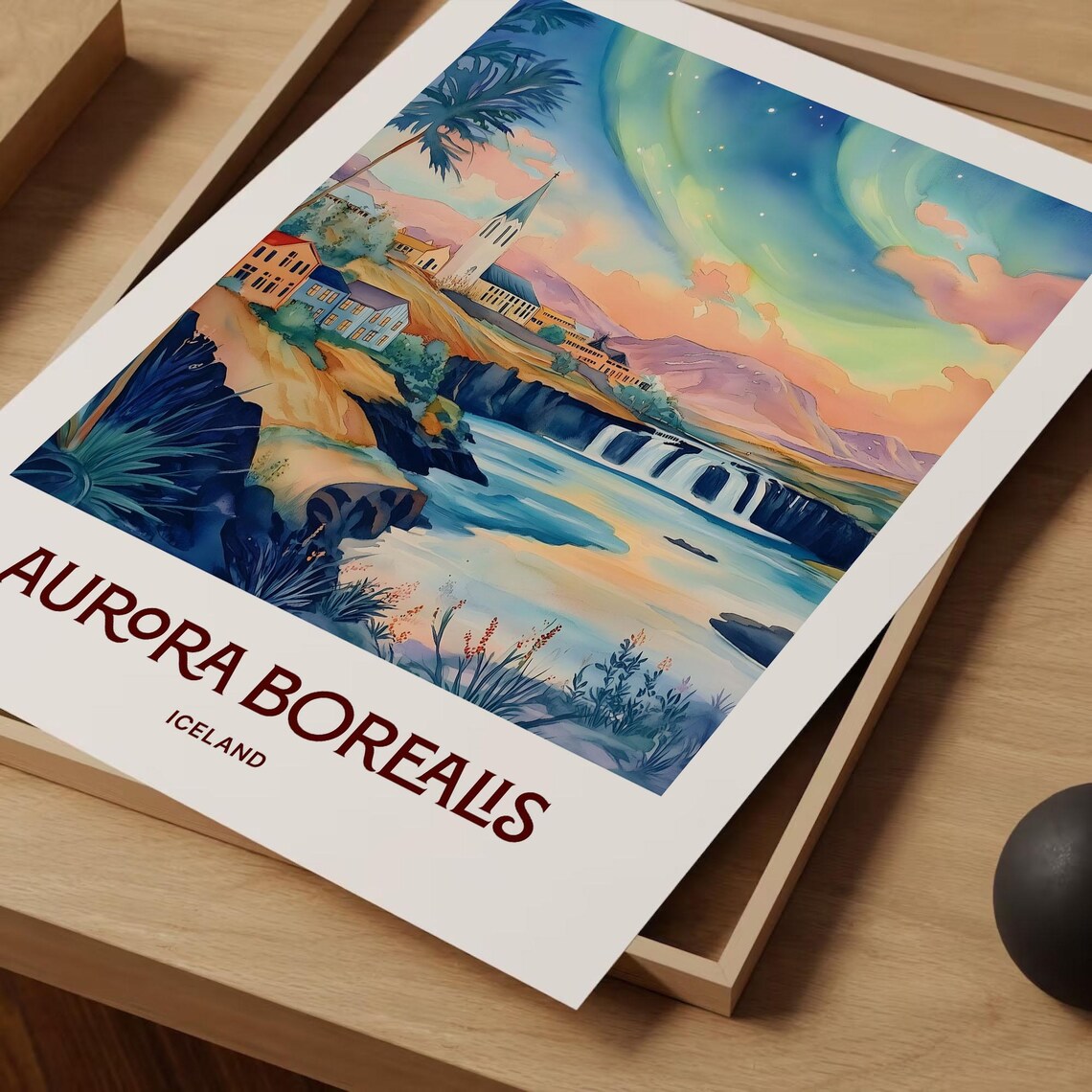 Aurora Borealis Iceland Northern Lights Watercolor Travel Poster - Image 2