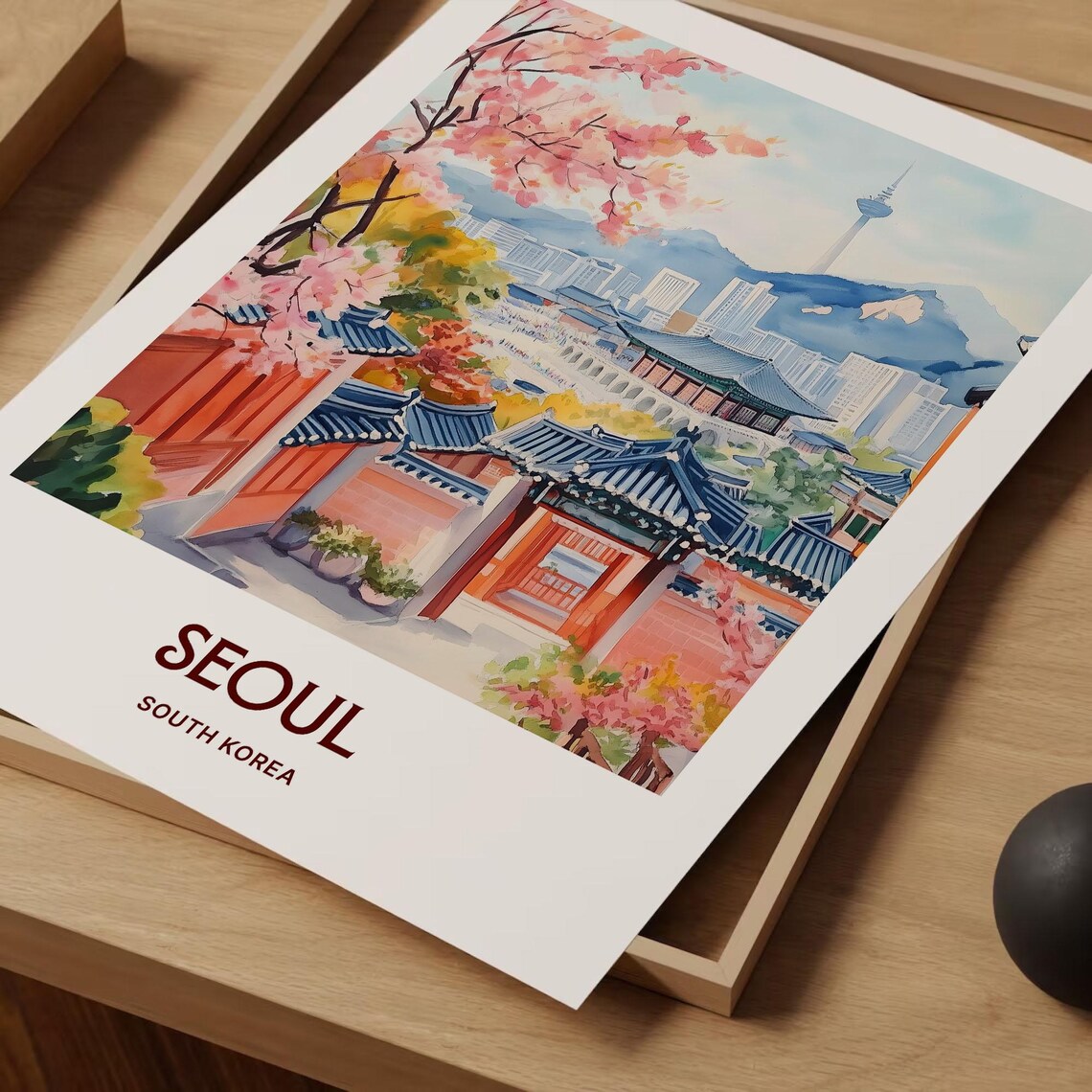 Seoul South Korea Cherry Blossom Palace Watercolor Travel Poster - Image 2
