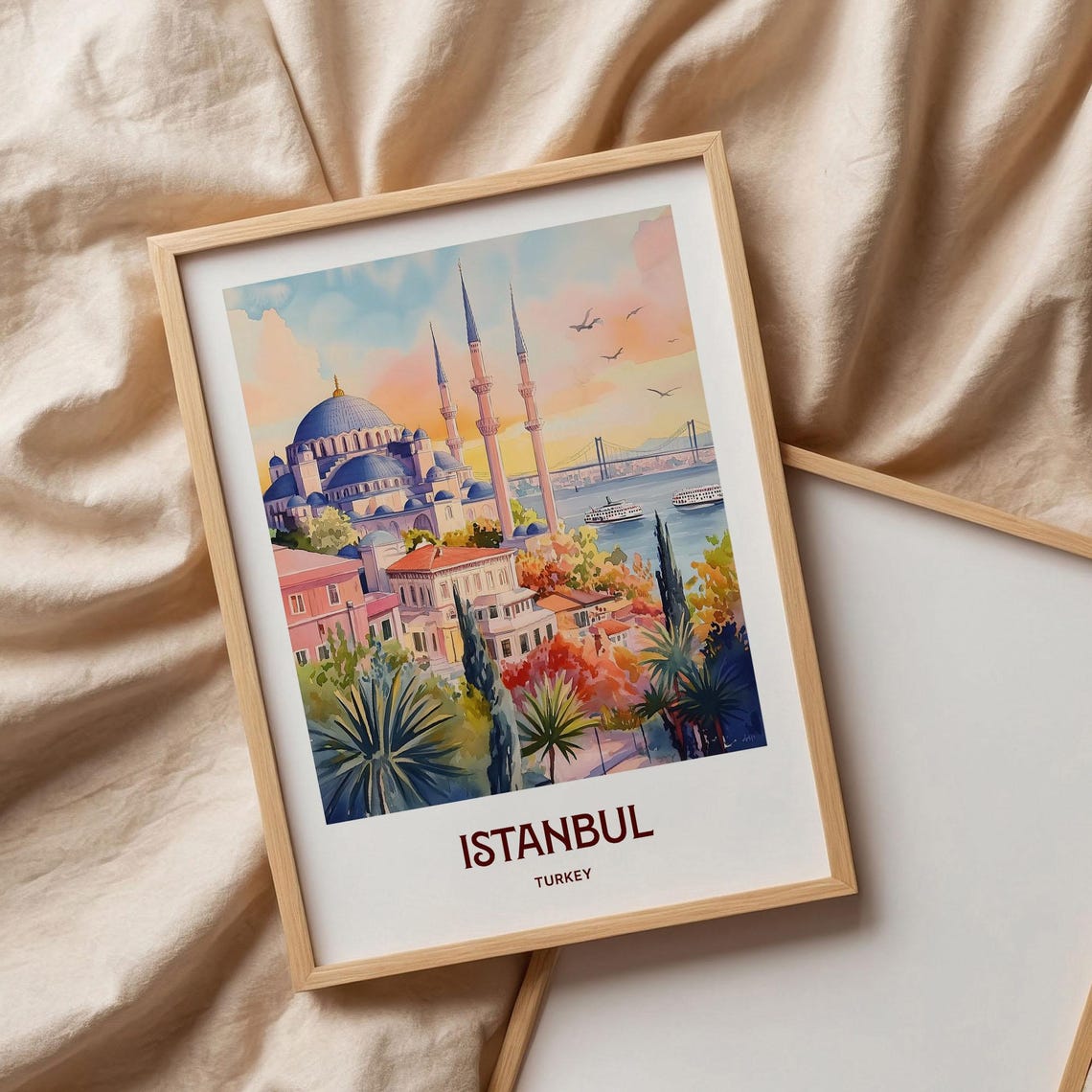 Istanbul Turkey Pastel Blue Mosque Bosphorus Watercolor Poster - Image 3