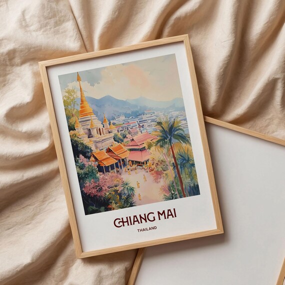 Chiang Mai Thailand Golden Temple Watercolor Travel Poster Mountains