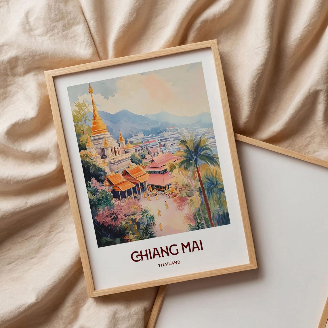 Chiang Mai Thailand Golden Temple Watercolor Travel Poster Mountains