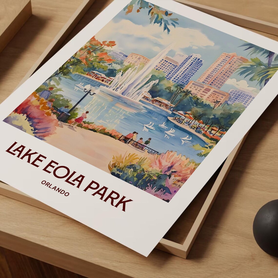 Lake Eola Park Orlando Watercolor Swan Fountain City Skyline Art Poster - Image 2