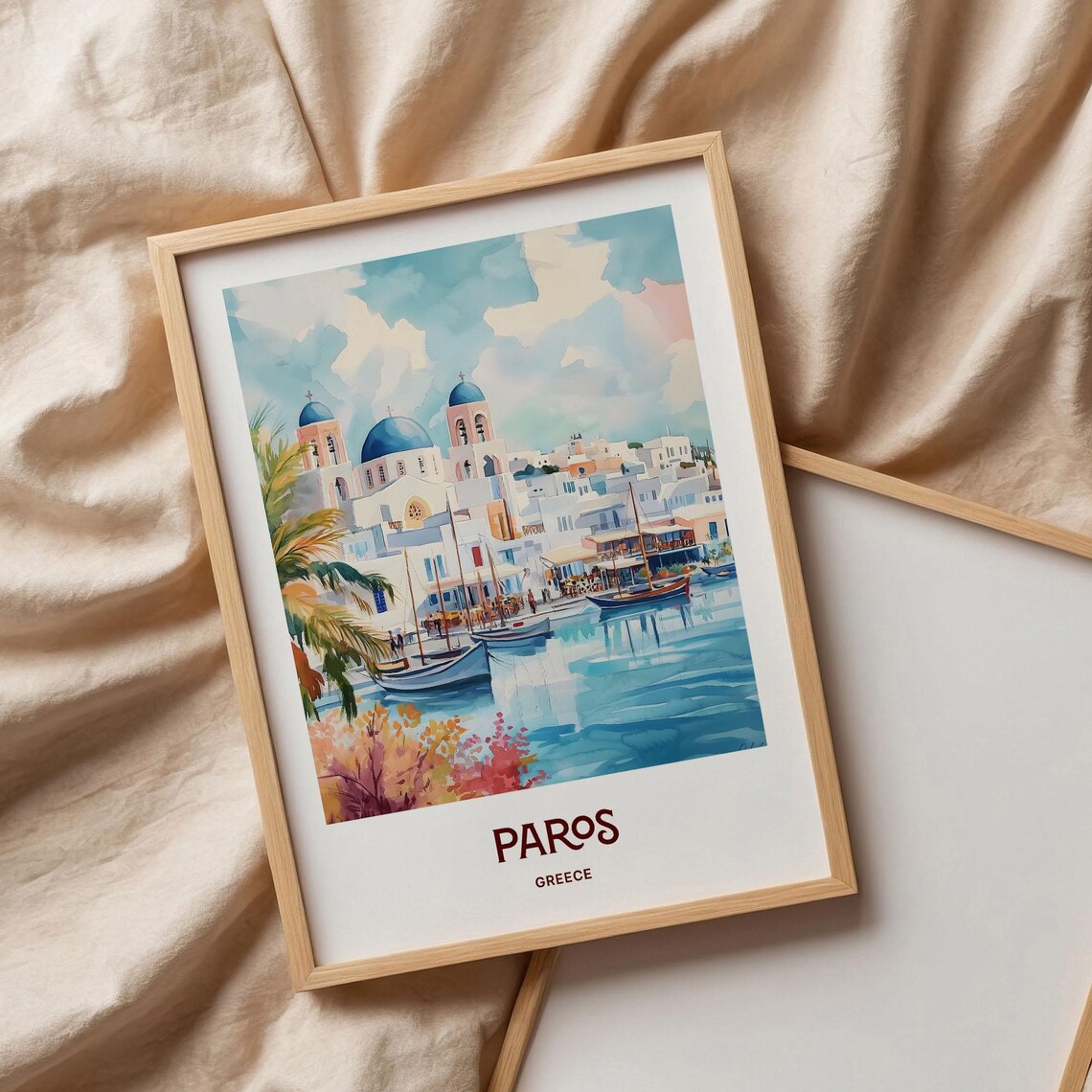 Paros Greece Blue Domed Church Harbor Boats Watercolor Island Poster - Image 3