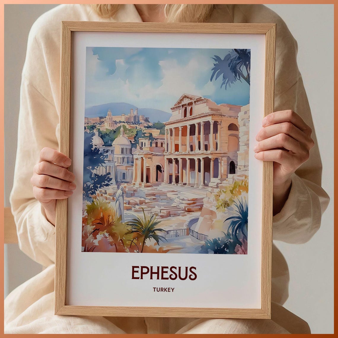 Ephesus Turkey Ancient Ruins Pastel Watercolor Travel Poster