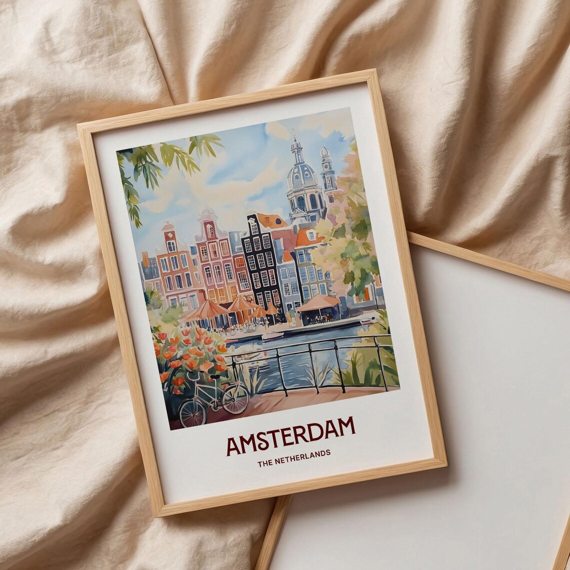 Amsterdam Netherlands Canal Houses Bike Tulips Watercolor City Poster - Image 3