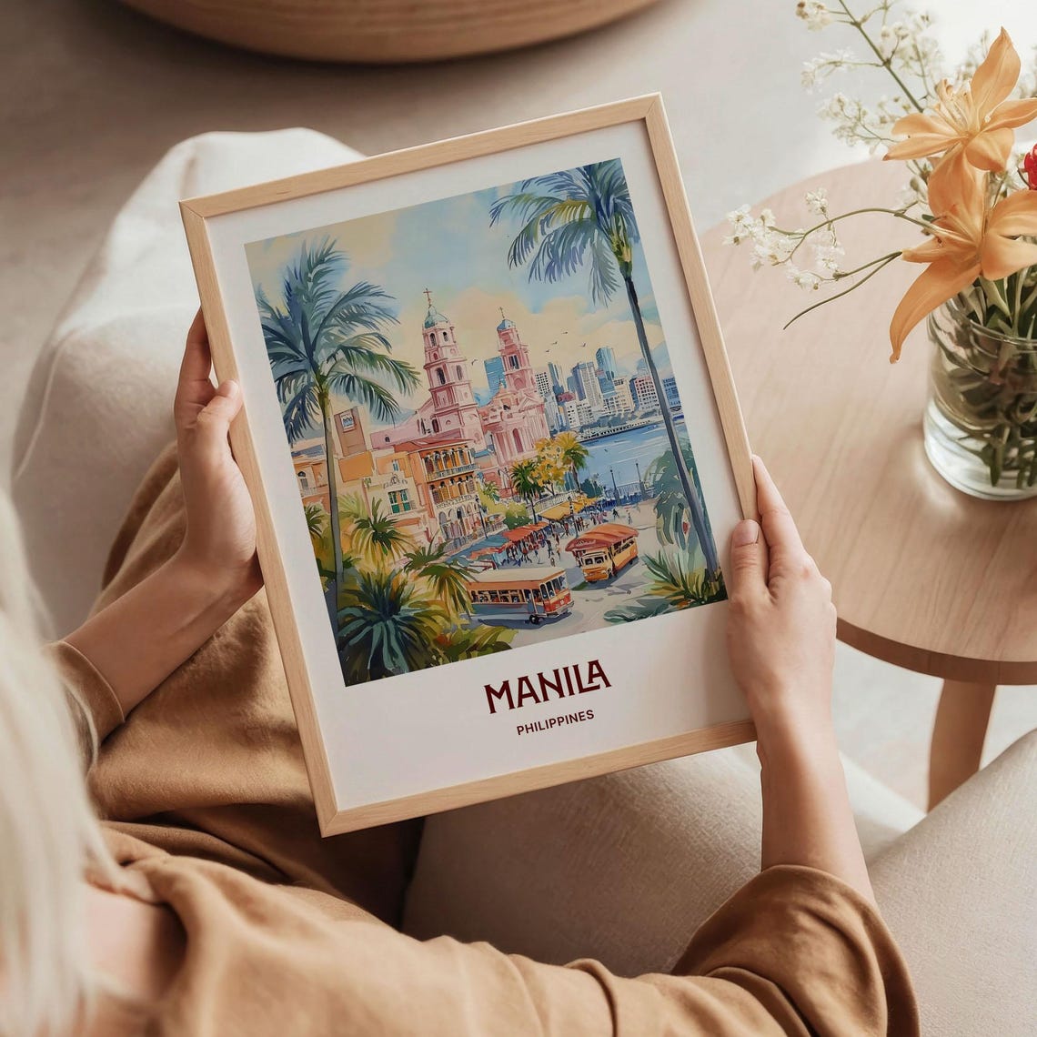Manila Philippines Watercolor Waterfront Cathedral Scene Poster - Image 5