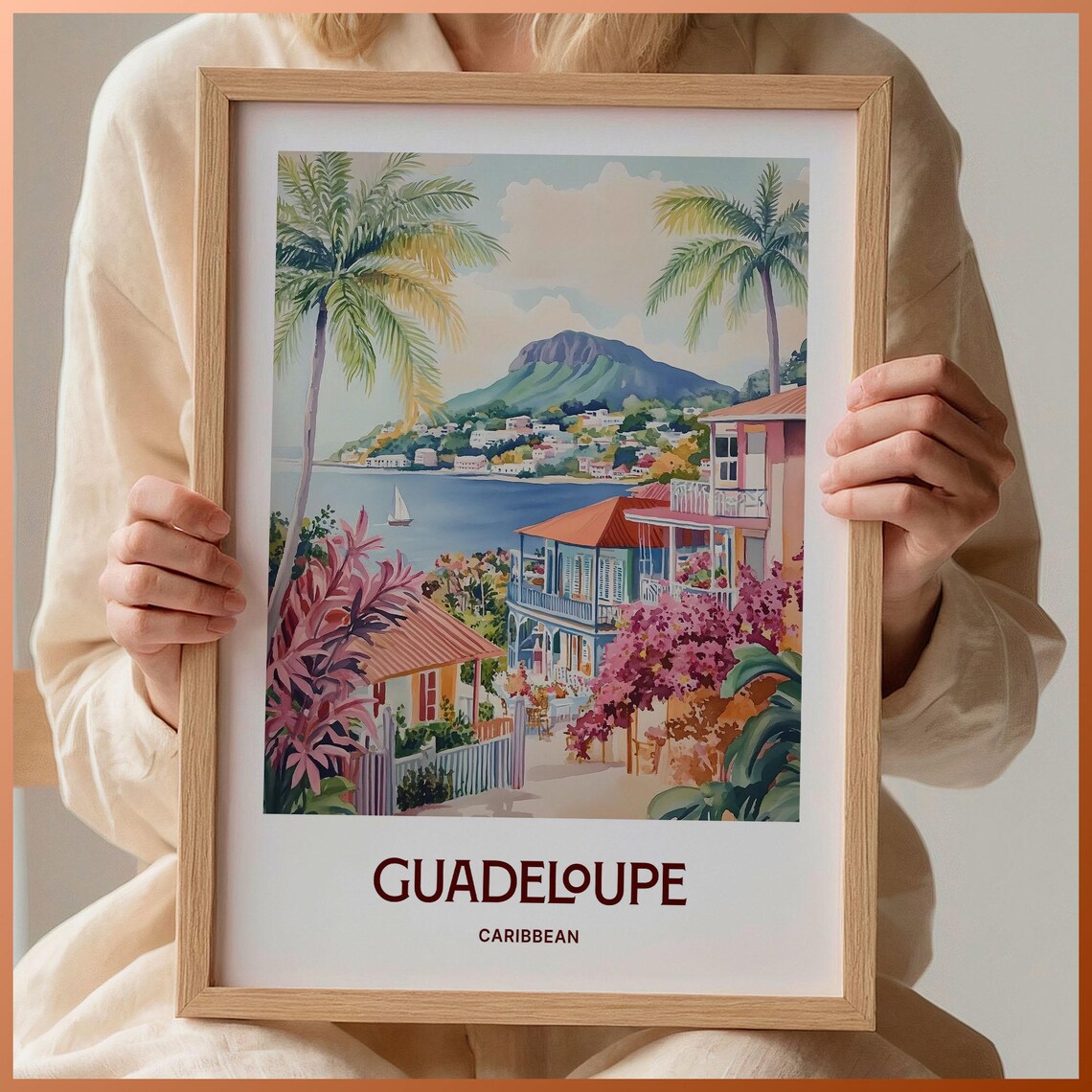 Guadeloupe Caribbean Watercolor Bay Sailboats Hillside Town Flower Art Poster