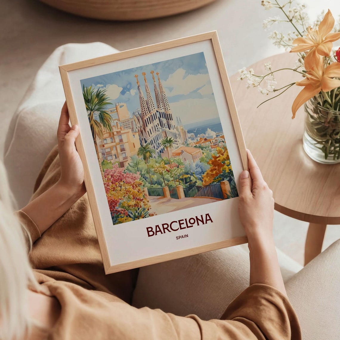 Barcelona Spain Pastel Sagrada Familia Palm Cityscape Poster - Image 5