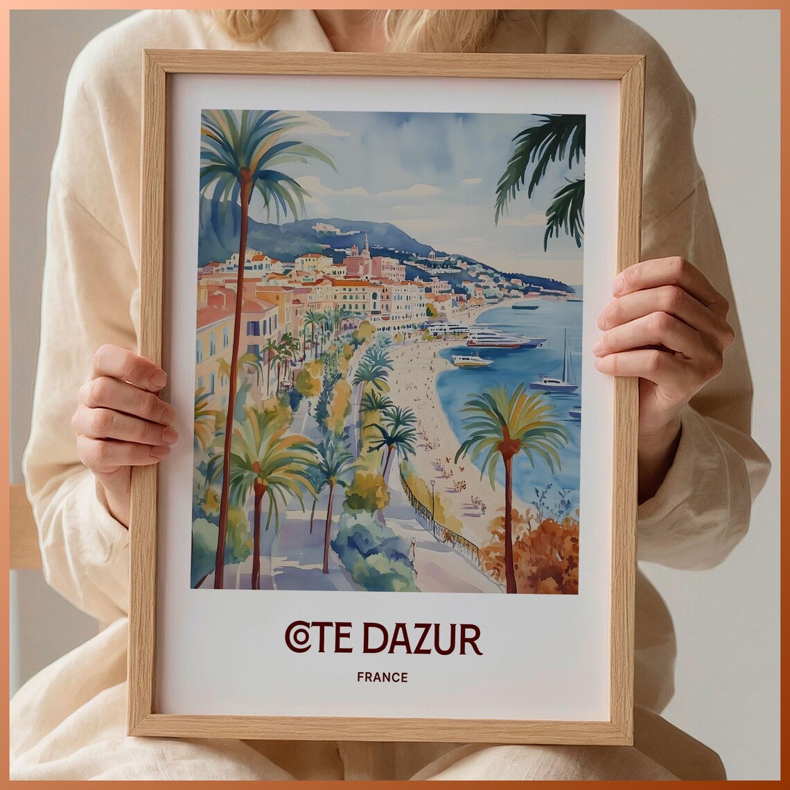 Cote dAzur France Riviera Palm Beach Watercolor Travel Poster