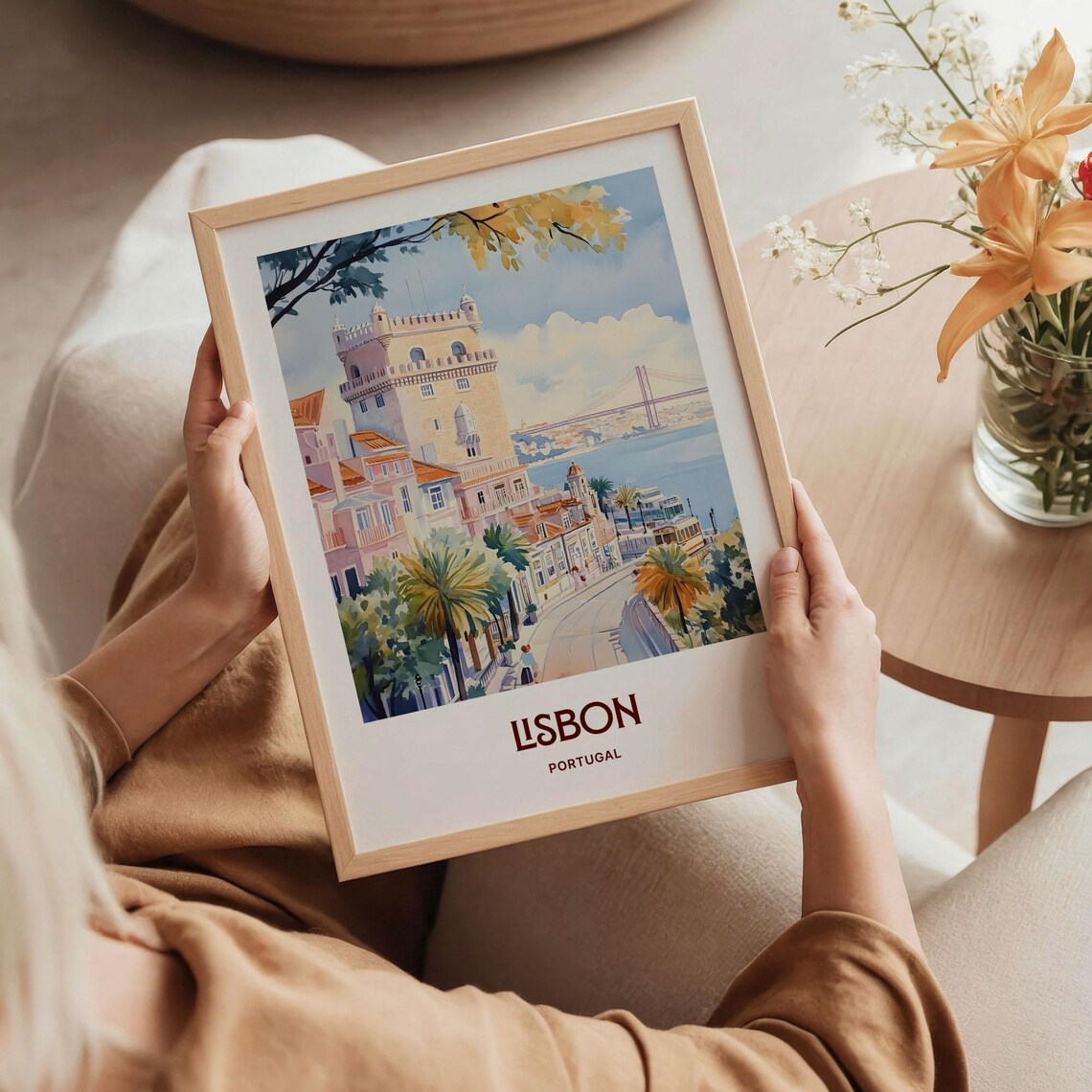 Lisbon Portugal Belem Tower Bridge Tram Watercolor Travel Poster - Image 5