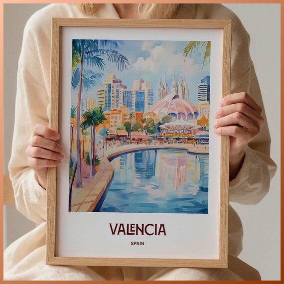 Valencia Spain Modern Waterfront Promenade Watercolor City Poster