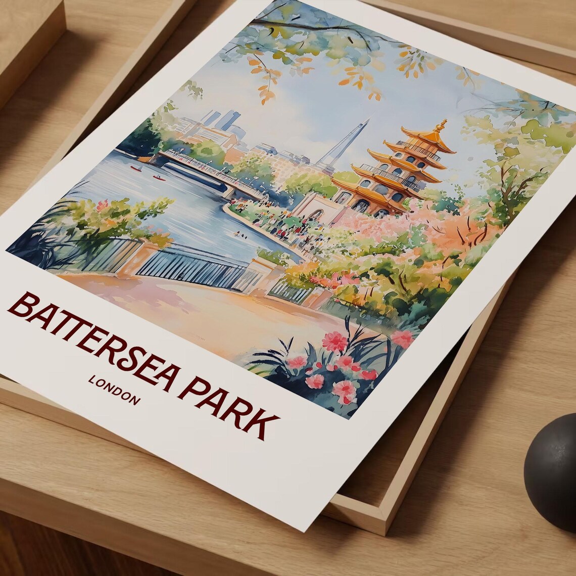 Battersea Park London Watercolor Peace Pagoda Gardens Poster - Image 2