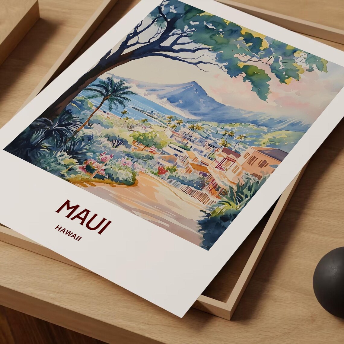 Maui Hawaii Coastal Town Mountain Palms Watercolor Travel Poster - Image 2