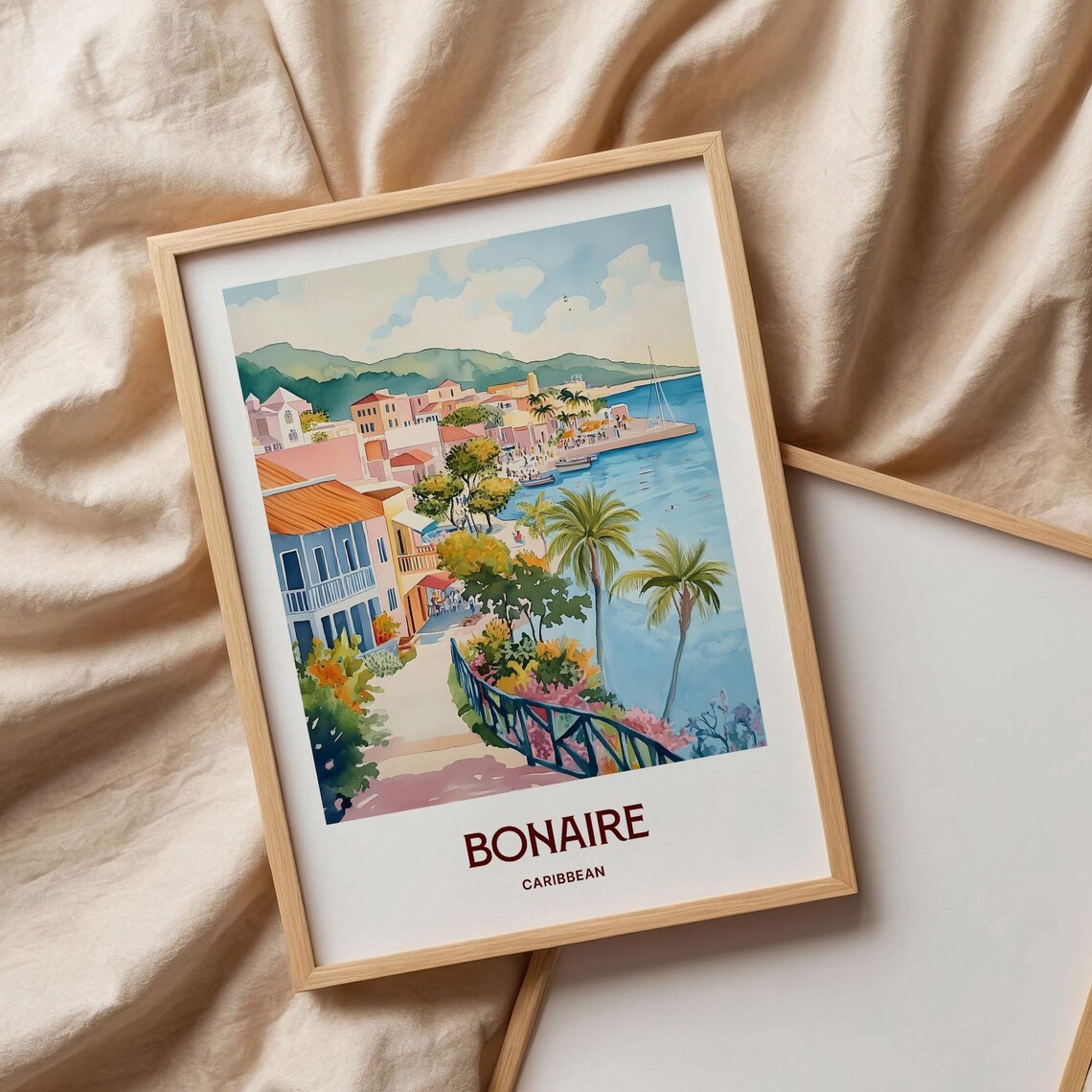 Bonaire Caribbean Waterfront Town Palms Sailboats Watercolor Poster - Image 3