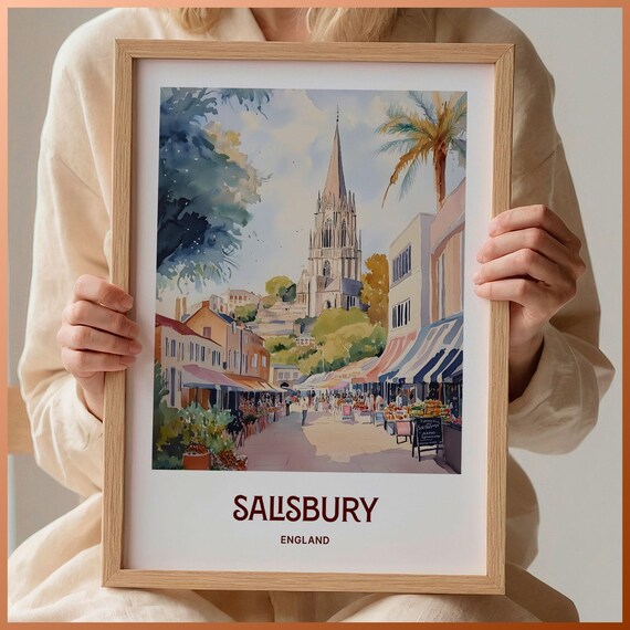 Salisbury England Watercolor Cathedral Spire Market Street Scene Poster
