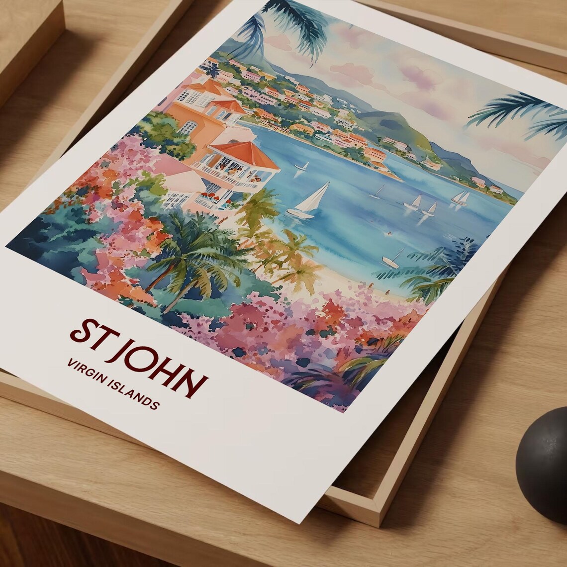 St John Virgin Islands Tropical Bay Sailboats Watercolor Travel Poster - Image 2