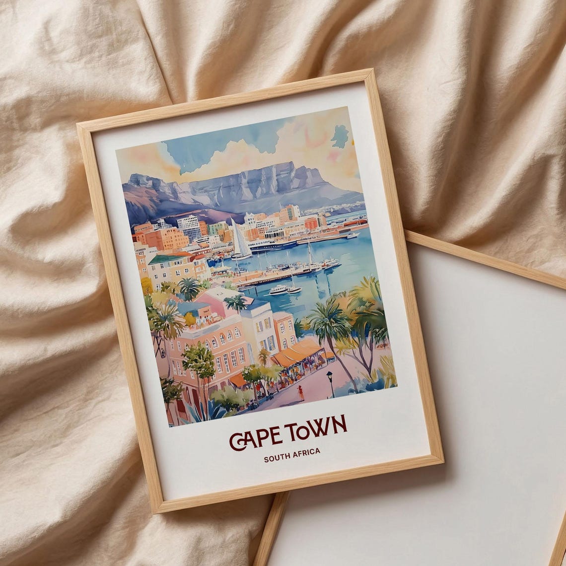 Cape Town South Africa Table Mountain Harbor Watercolor Travel Poster - Image 3