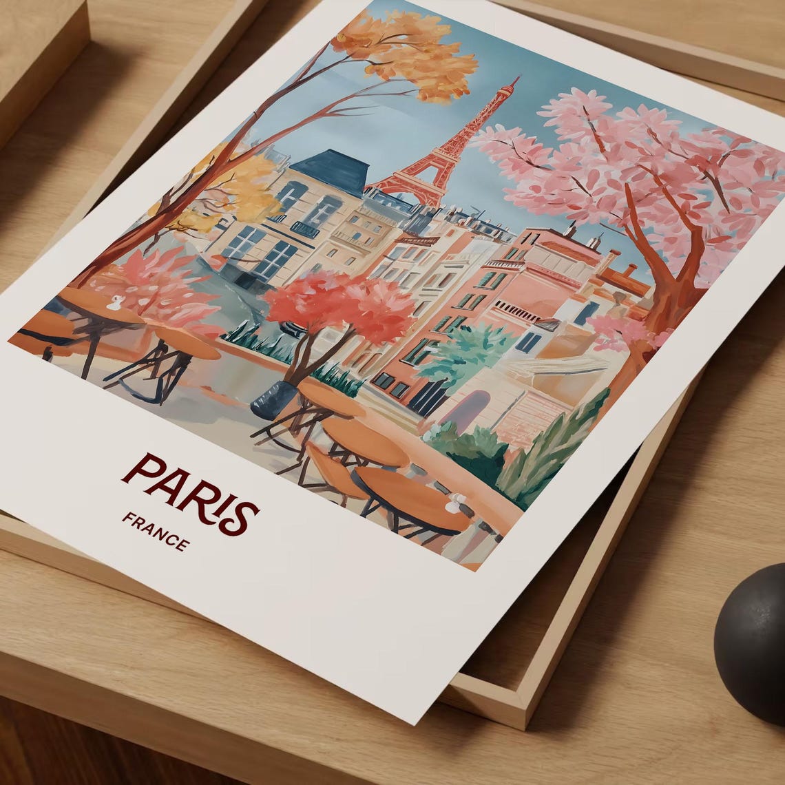 Paris France Eiffel Tower Cafe Terrace Cherry Blossom Poster - Image 2