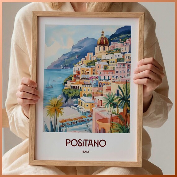 Positano Italy Cliffside Town Dome Church Sailboat Watercolor Travel Poster