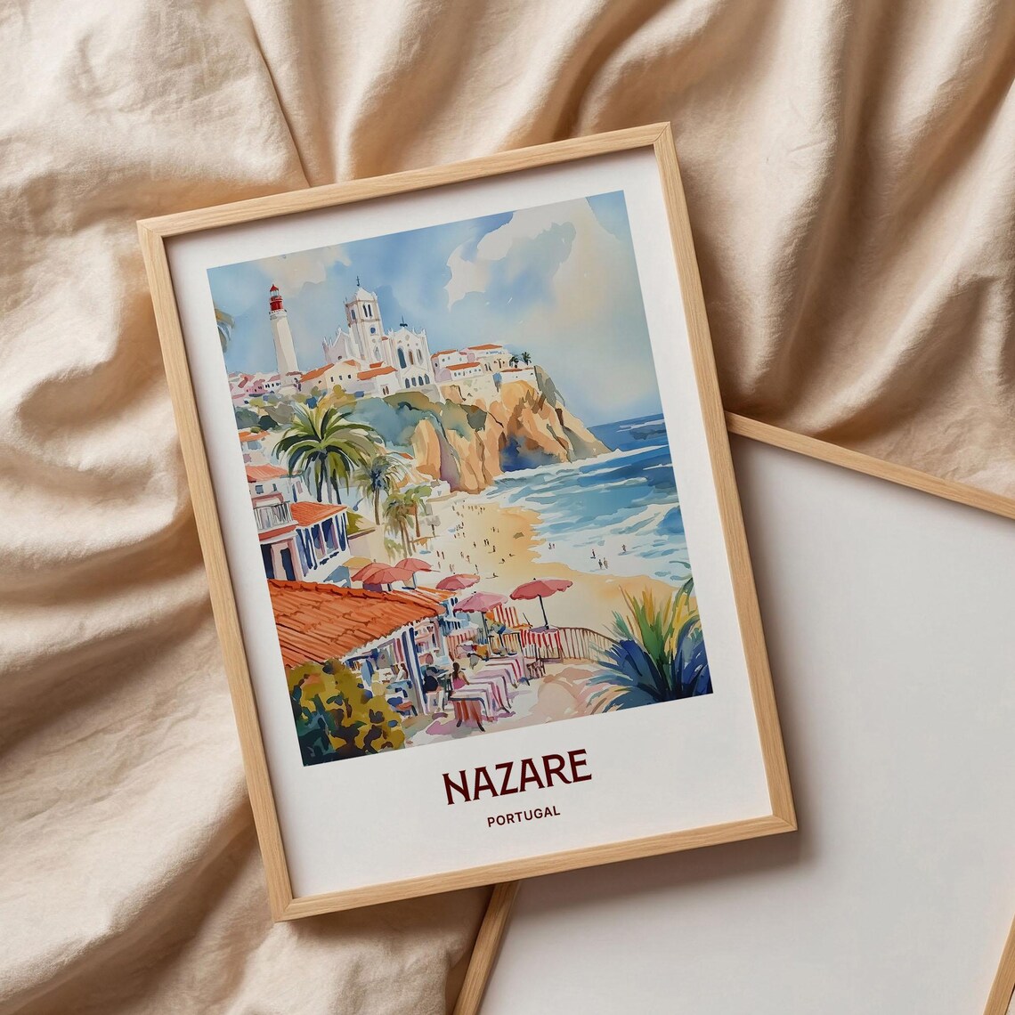 Nazare Portugal Pastel Beach Cliff Lighthouse Cityscape Poster - Image 3