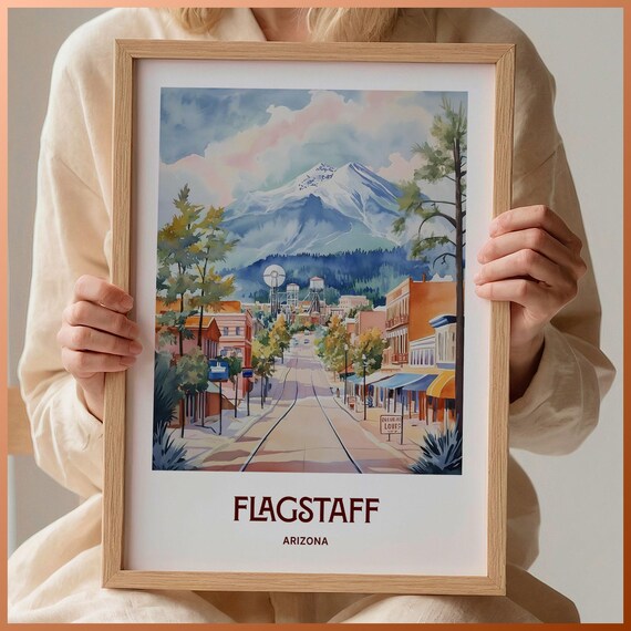 Flagstaff Arizona Historic Downtown Watercolor Poster Peaks View