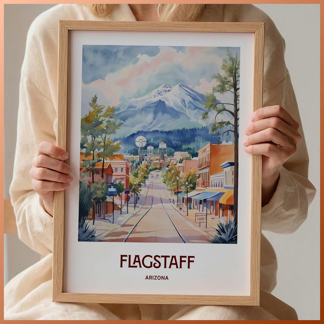 Flagstaff Arizona Historic Downtown Watercolor Poster Peaks View