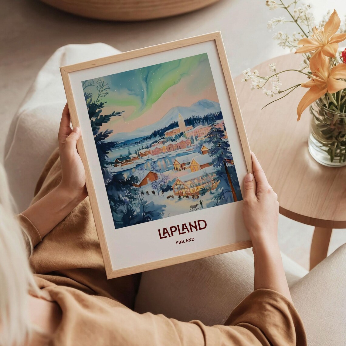Lapland Finland Northern Lights Snowy Village Watercolor Poster - Image 5