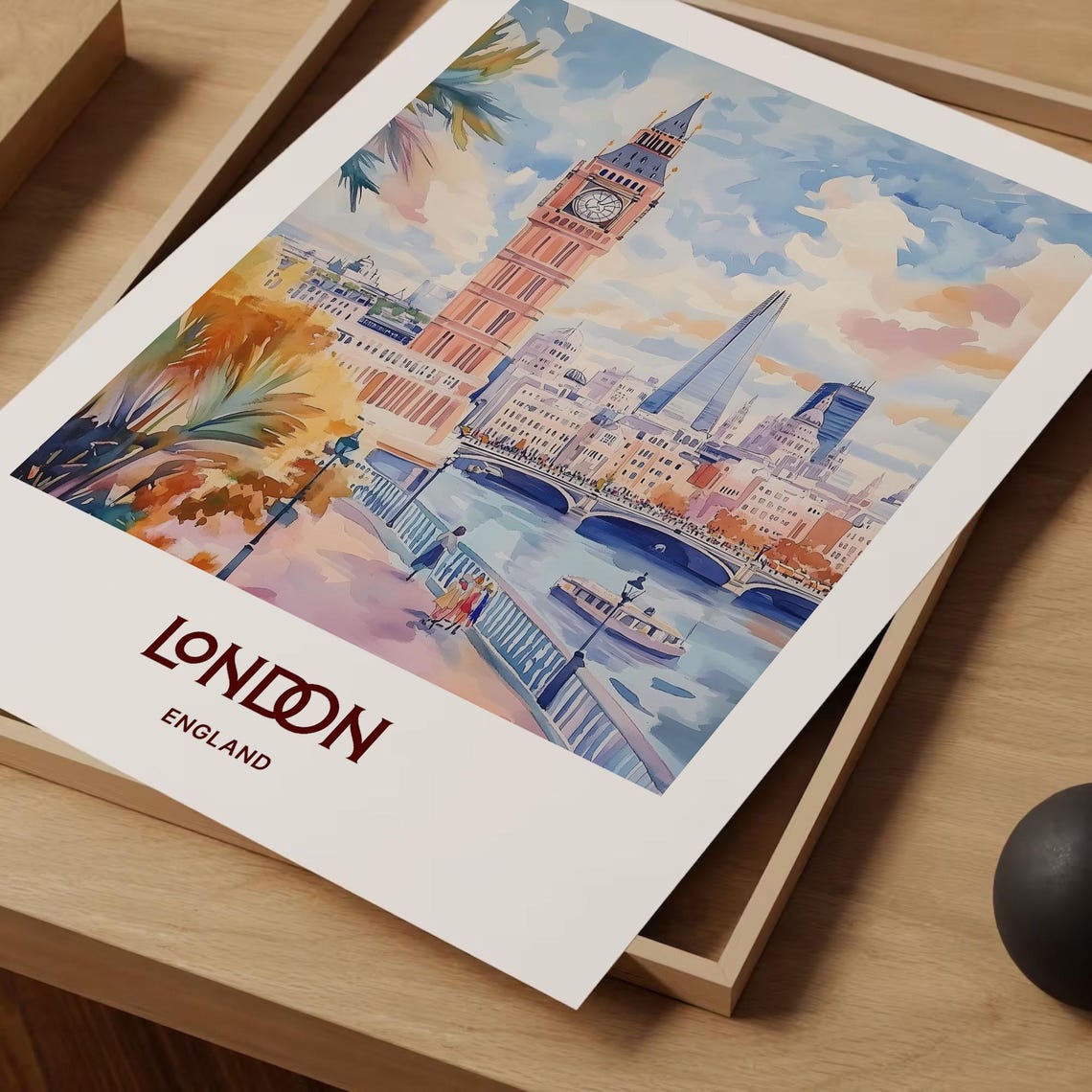 London England Big Ben Thames Riverside Pastel Watercolor City Poster - Image 2
