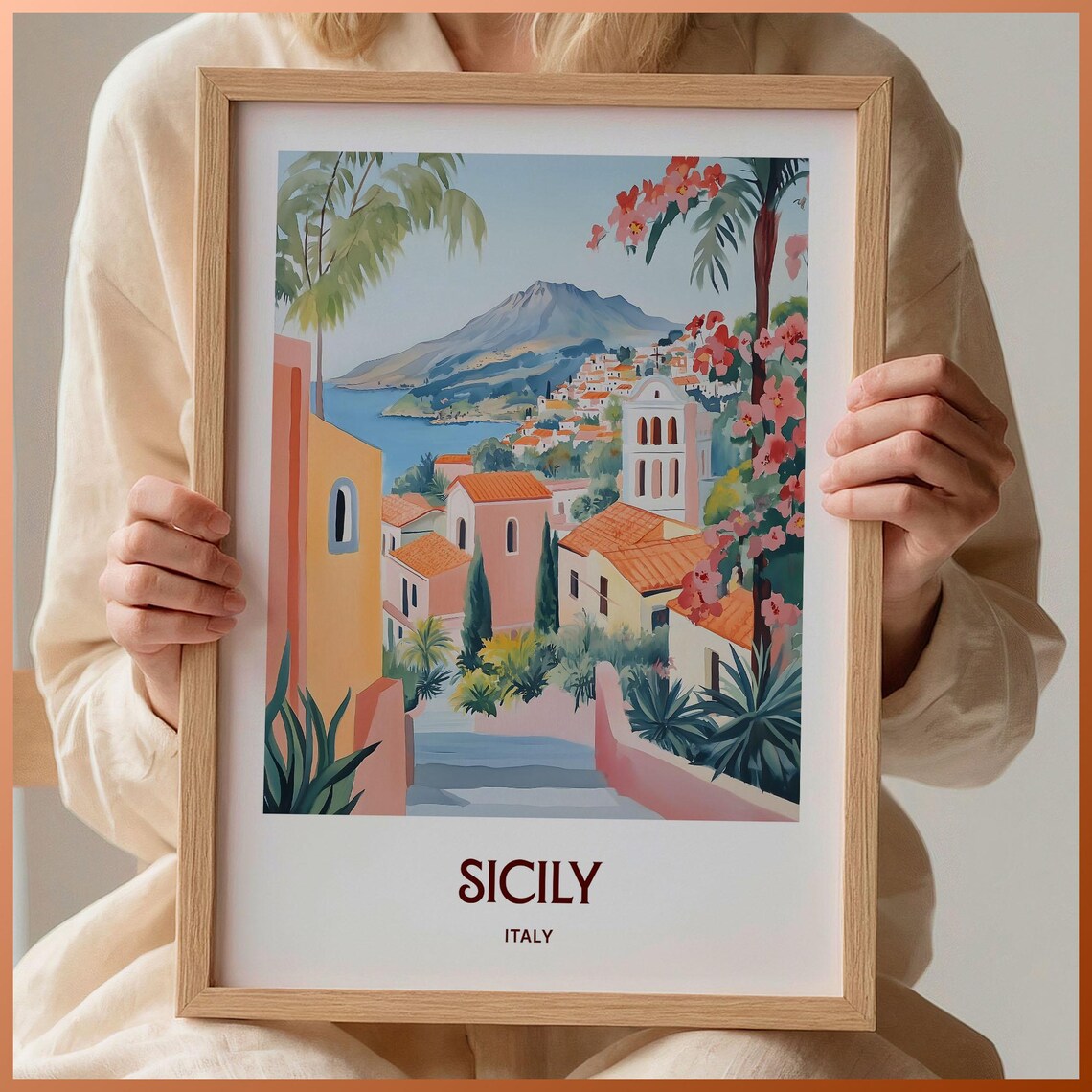 Sicily Italy Coastal Village Bell Tower Flowers Watercolor Travel Poster