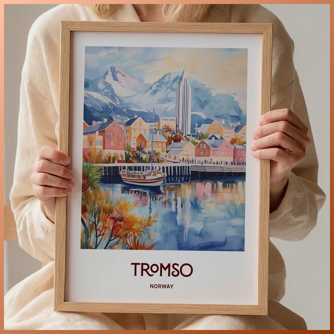 Tromso Norway Harbor Waterfront Mountains Watercolor Arctic Print