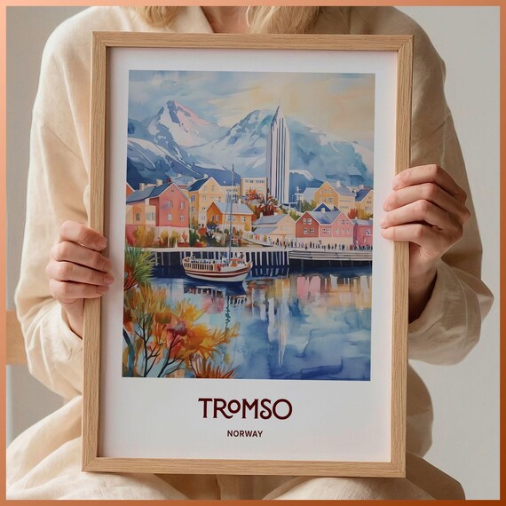 Tromso Norway Harbor Waterfront Mountains Watercolor Arctic Print
