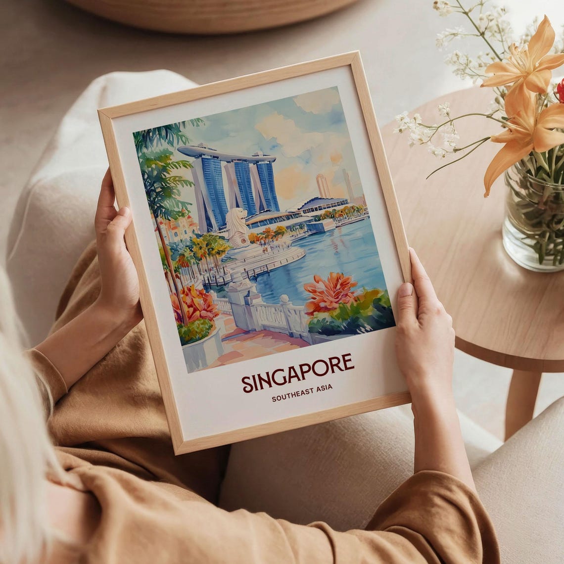 Singapore Marina Bay Sands Merlion Waterfront Pastel Skyline Poster - Image 5
