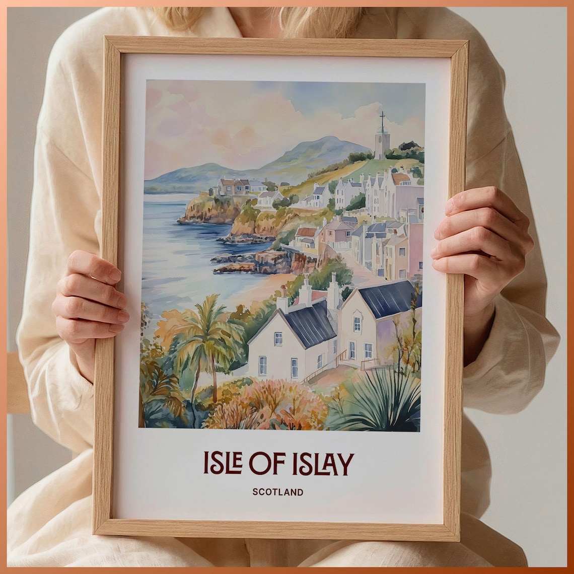 Isle of Islay Scotland Coastal Village Watercolor Travel Poster