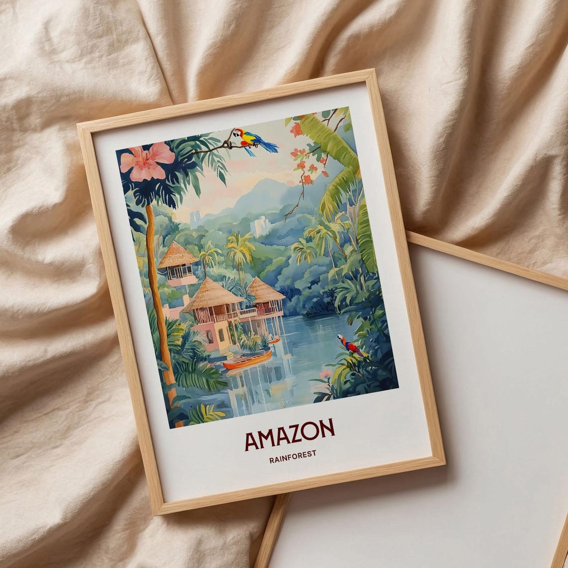 Amazon Rainforest River Stilt Huts Parrots Watercolor Travel Poster - Image 3