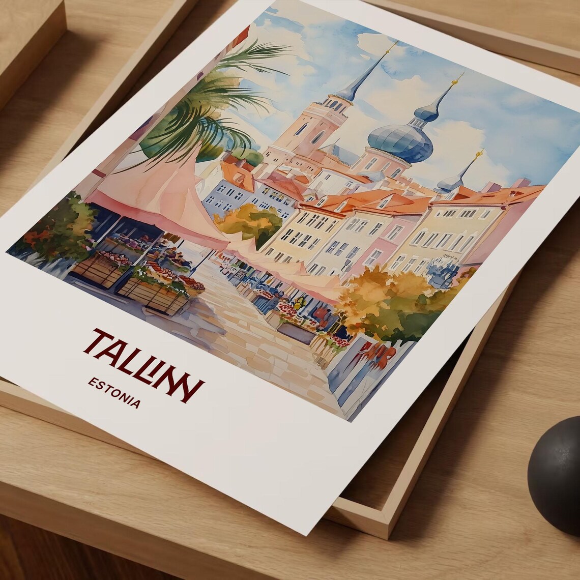 Tallinn Estonia Old Town Market Church Spires Watercolor Travel Poster - Image 2