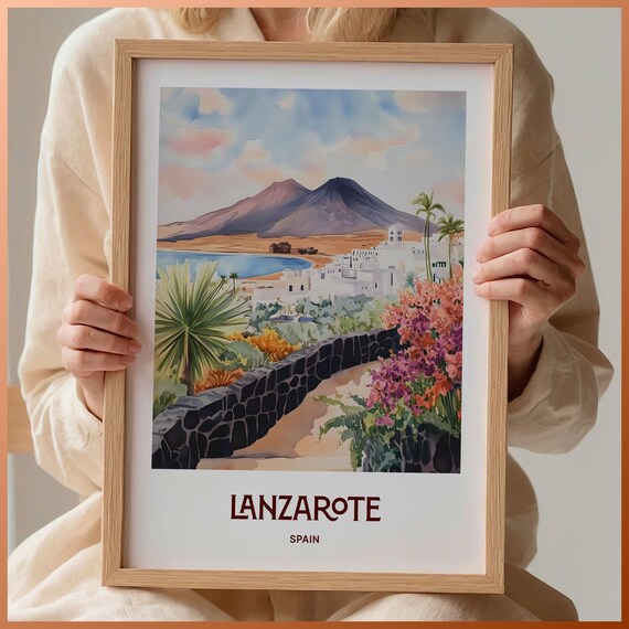 Lanzarote Spain Volcanic Island Watercolor Poster Canary Islands