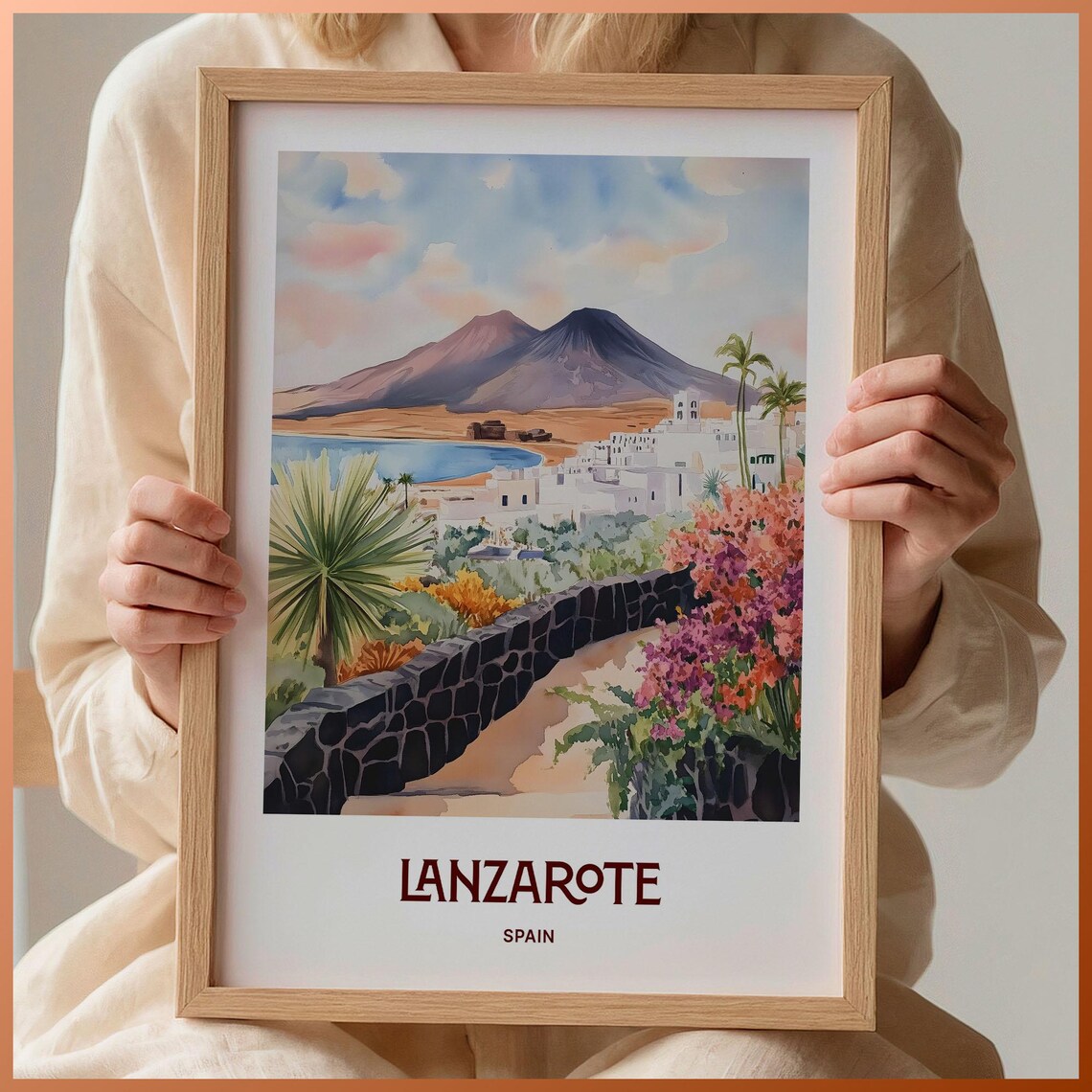 Lanzarote Spain Volcanic Island Watercolor Poster Canary Islands