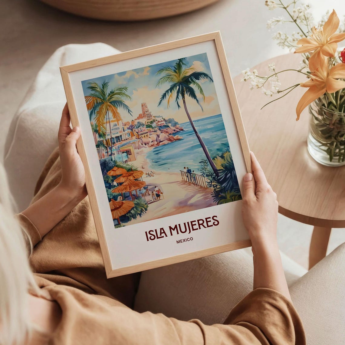 Isla Mujeres Mexico Caribbean Beach Palms Watercolor Travel Poster - Image 5