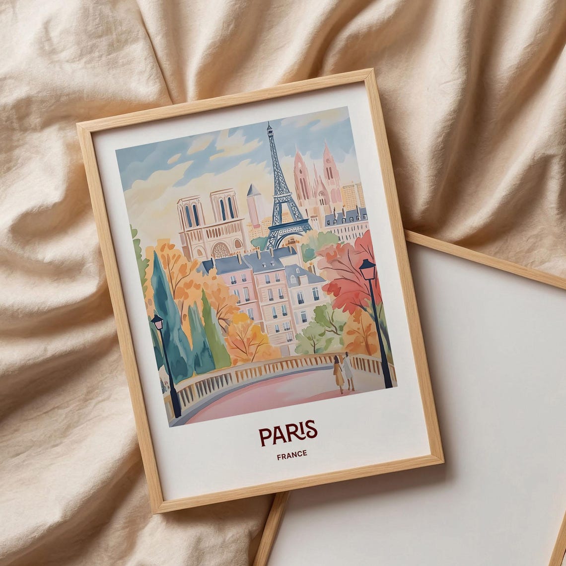 Paris France Autumn Eiffel Tower Notre Dame Watercolor Poster Art - Image 3